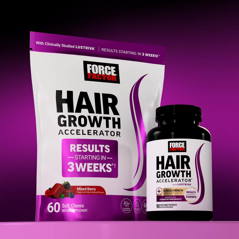 Force Factor Hair Growth Accelerator with Clinically Studied Lustriva to Promote Thicker, Stronger Hair, Biotin, Vitamin E & C, Mixed Berry, 60 Soft ChewsHair Growth AcceleratorHair Growth AcceleratorML Clinic  for Wellness