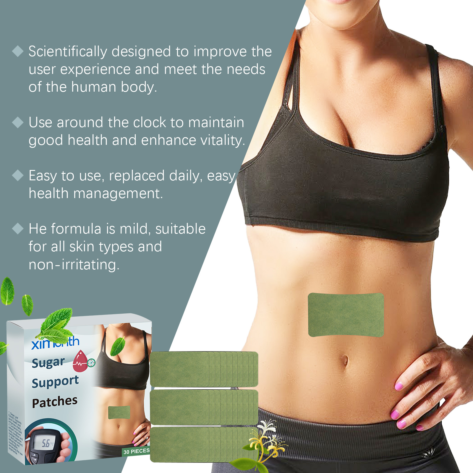 1 Month Body Care Patch Middle-aged and Elderly Body Relief Discomfort Gentle Maintenance Massage Body Care PatchNet content: 30 PIECES 
 
   Product name: Body care patch 
 
   Keywords: Body Care 
 
   Gross weight: 77.9g 
 
   Ingredients: Sage Leaf Extract, Cinnamon Bark Extract, Peppermint Leaf Extract 
 
   Packaging size: 12.5*9.5*3cm 
 
   Product size: 12*9cm 
 
   Box size: 56*36*21.5cm 
 
   Packing quantity: 60 pieces 
 
   Weight of one box: 5.43kg 
 
   Shelf life: 3 years 
 
   Storage method: Please store in a cool and shaded placeML Clinic  for Wellness