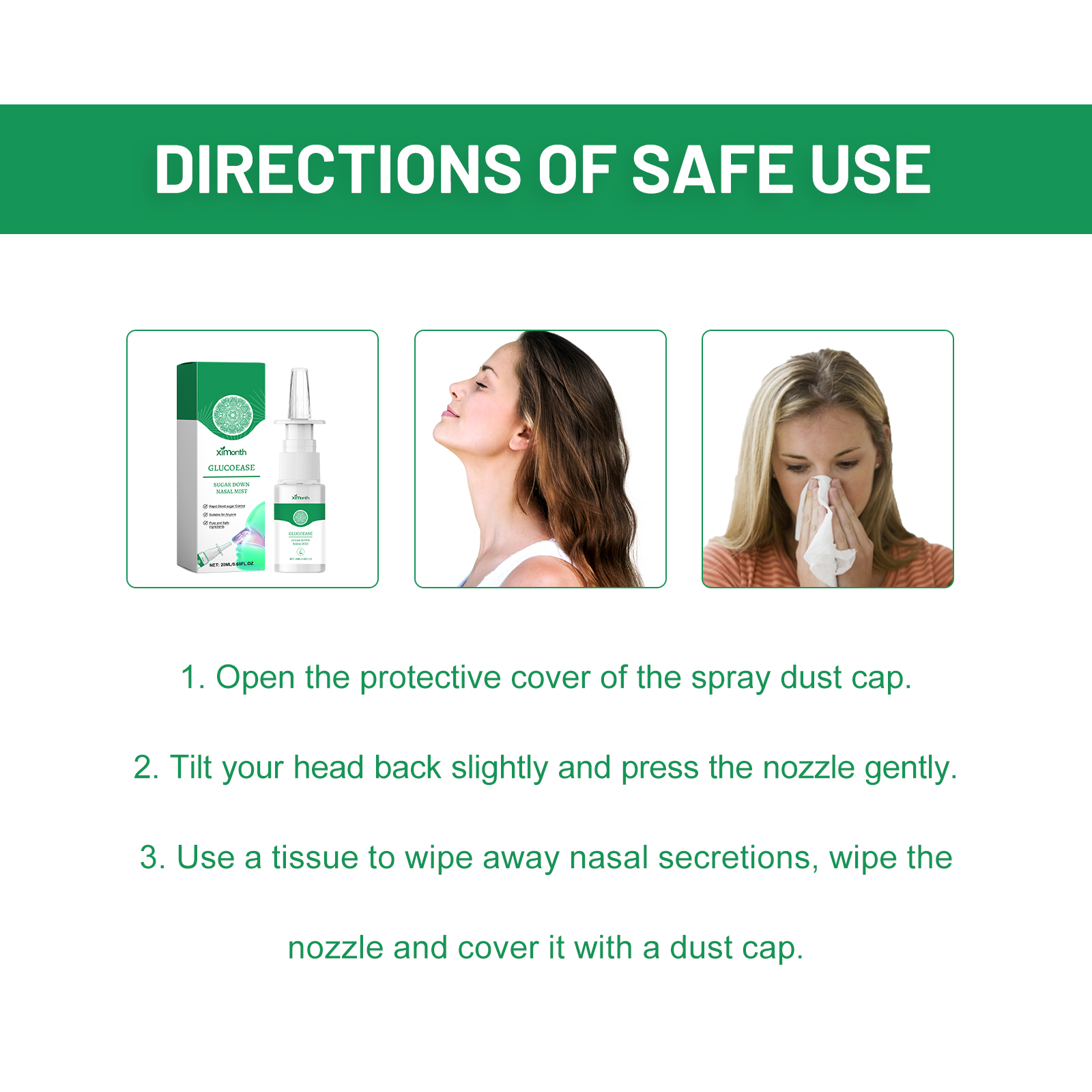 1 Month Sugar Relief Nasal Spray Relieve Body Discomfort Dizziness Balance Sugar Nasal Congestion CareNet content: 20ml 
 
   Product name: Hypoglycemic relief nasal spray 
 
   Keywords: Sugar Relief Nasal Spray 
 
   Gross weight: 31g 
 
   Ingredients: Lithospermum Root Extract, Honeysuckle Extract, Bupleurum Root Extract 
 
   Packaging size: 2.6*2.6*11.2cm 
 
   Product size: 2.4*11cm 
 
   Box size: 56*36*21.5cm 
 
   Packing quantity: 427 pieces 
 
   Weight per box: 13.98 kg 
 
   Shelf life: 3 years 
 
   Storage method: Please store in a cool and shaded placeML Clinic  for Wellness