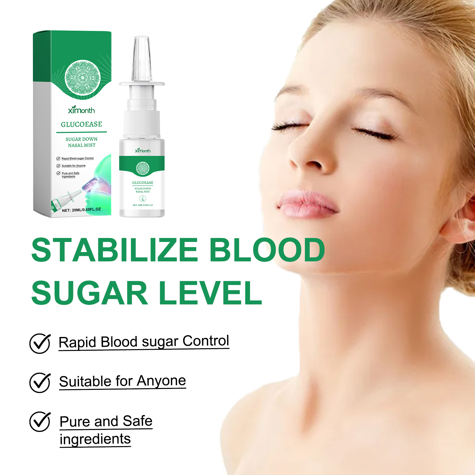 1 Month Sugar Relief Nasal Spray Relieve Body Discomfort Dizziness Balance Sugar Nasal Congestion CareNet content: 20ml 
 
   Product name: Hypoglycemic relief nasal spray 
 
   Keywords: Sugar Relief Nasal Spray 
 
   Gross weight: 31g 
 
   Ingredients: Lithospermum Root Extract, Honeysuckle Extract, Bupleurum Root Extract 
 
   Packaging size: 2.6*2.6*11.2cm 
 
   Product size: 2.4*11cm 
 
   Box size: 56*36*21.5cm 
 
   Packing quantity: 427 pieces 
 
   Weight per box: 13.98 kg 
 
   Shelf life: 3 years 
 
   Storage method: Please store in a cool and shaded placeML Clinic  for Wellness