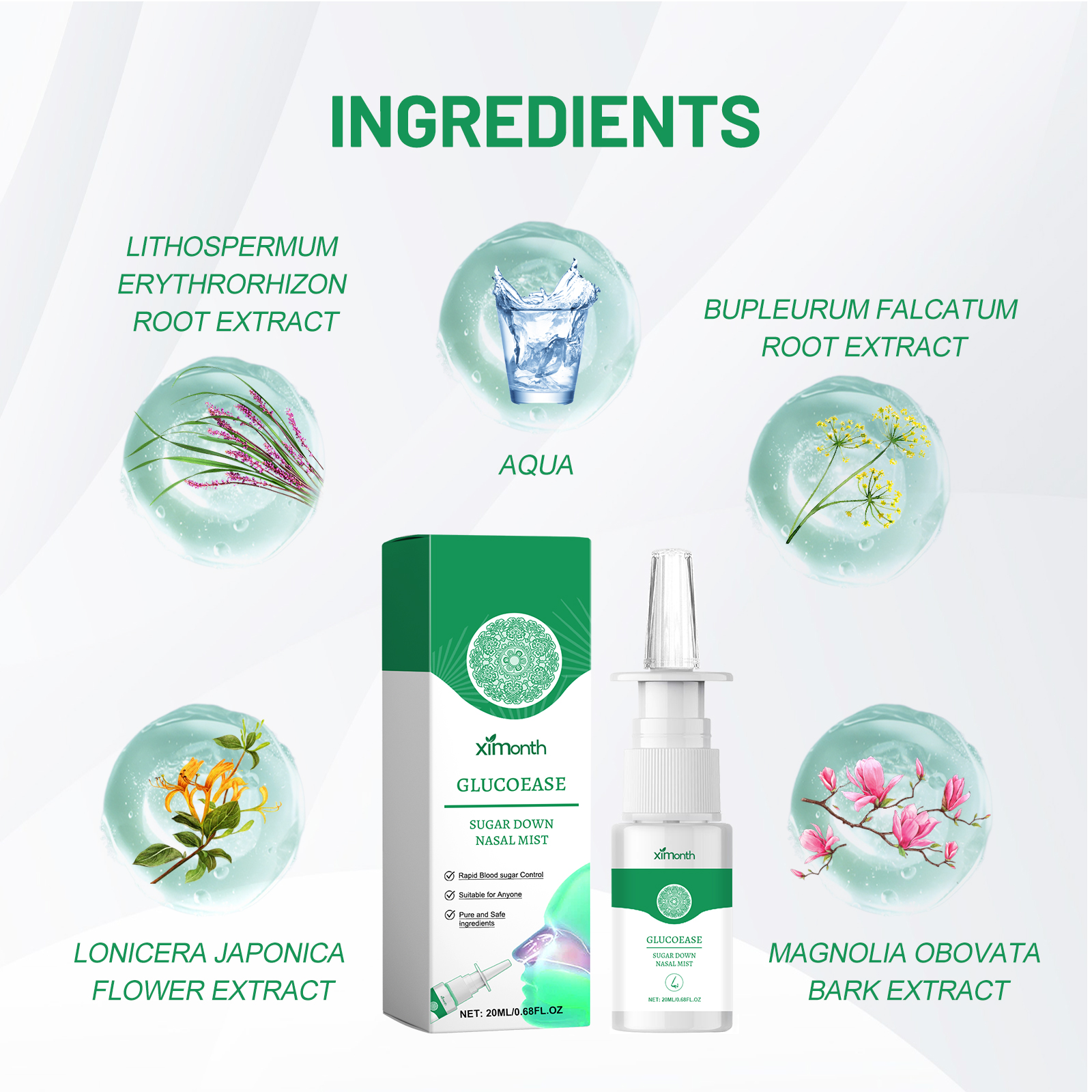 1 Month Sugar Relief Nasal Spray Relieve Body Discomfort Dizziness Balance Sugar Nasal Congestion CareNet content: 20ml 
 
   Product name: Hypoglycemic relief nasal spray 
 
   Keywords: Sugar Relief Nasal Spray 
 
   Gross weight: 31g 
 
   Ingredients: Lithospermum Root Extract, Honeysuckle Extract, Bupleurum Root Extract 
 
   Packaging size: 2.6*2.6*11.2cm 
 
   Product size: 2.4*11cm 
 
   Box size: 56*36*21.5cm 
 
   Packing quantity: 427 pieces 
 
   Weight per box: 13.98 kg 
 
   Shelf life: 3 years 
 
   Storage method: Please store in a cool and shaded placeML Clinic  for Wellness