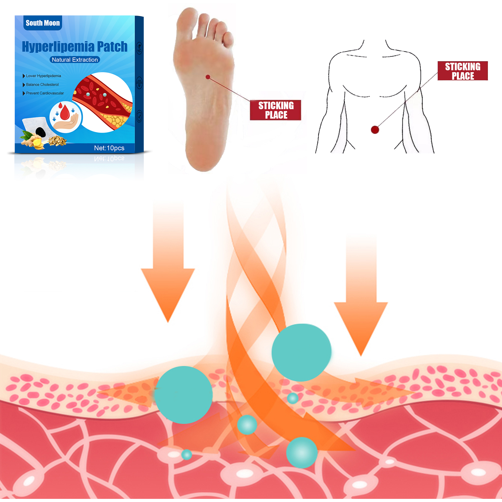South Moon Flat Fat Patch Navel Patch Relief Balance Blood Lipid Control Hypertension Chinese Herbal Plaster CareNet content: 10 pieces 
 
   Product name: Pingzhi Health Patch 
 
   Keywords: Lowering Blood Lipids · Suitable for Patients with High Blood Lipids 
 
   Gross weight: 12g 
 
   Ingredients: Ginger, Bupleurum, Scutellaria 
 
   Packaging size: 8*7*1cm 
 
   Product size: 7.1*6.1cm 
 
   Box size: 56*36*21.5cm 
 
   Shelf life: 3 years 
 
   Storage method: Please store in a cool and shaded placeML Clinic  for Wellness