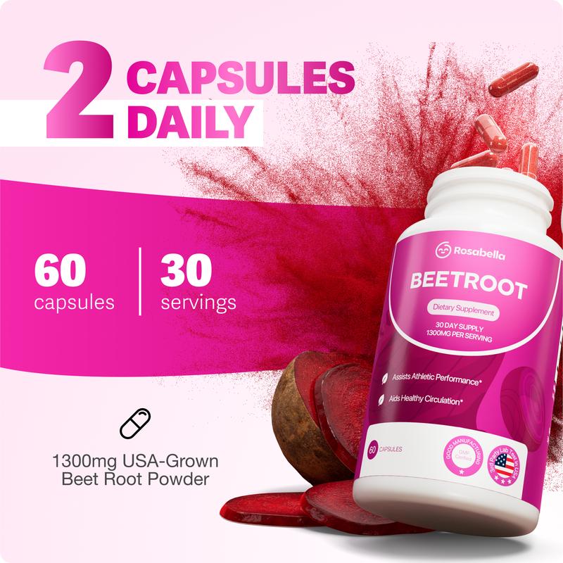 3 Packs of Rosabella Organic Beetroot Capsules (1300mg) for Blood Flow & Heart HealthDangerous Goods or Hazardous Materials: None 
 
 Manufacturer: Rosabella 
 
 UPC: 00860014131103 
 
 Product Dimensions: 8x2.5x2.5 
 
 Product Ingredients: Beetroot 
 
 Quantity Per Pack: 3 
 
 Package Weight: 0.30 lbs 
 
 Unit Count: 180 pieces 
 
 Storage restrictions: None 
 
 Active Ingredient: Beetroot 
 
 Active Ingredient Strength: 1300mg 
 
 Primary Dietary Ingredient amount per serving: 1300mg 
 
 Primary Dietary Ingredient: Beetroot 
 
 Flavor: None 
 
 Dangerous Goods Regulations: No 
 
 Contains Liquid Contents: None 
 
 Country of Origin: USA 
 
  Dietary Needs: Gluten-free, Vegetarian, Vegan 
 
 Ingredient Feature: Organic 
 
 Contains Allergen: Not Applicable 
 
 Temperature Sensitive: No 
 
 Age Range Description: Adults 
 
 Product Type: CapsulesML Clinic  for Wellness