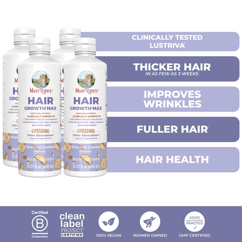 MaryRuth's Hair Growth Max Liposomal - Lustriva + Biotin 10000mcg + Pumpkin Seed Oil - Thicker Hair - Improves Wrinkles & Fine Lines - 15.22 Fl OzBrand: MaryRuth's
Ingredient Feature: GMO Free, Vegan, Sugar Free, Gluten Free, Dairy Free
Dietary Supplement Disclaimer: Yes
CA Prop 65: ReproChemicals: No
CA Prop 65: Carcinogens: No
Flavor: Almond Cookie
Health Benefits: Hair & Nail Care, Skin Care
Quantity Per Pack: 1
Pack Type: Single Item
Product Form: Liquid
Manufacturer: MaryRuth's
Age Warning: Yes
Ingredients: 15
Region of Origin: USAML Clinic  for Wellness