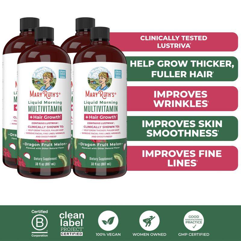 MaryRuth's Liquid Multivitamin + Hair Growth - Clinically Tested Lustriva for Thicker Hair in Women - Improves Facial Wrinkles - Vegan - 30 Fl OzBrand: MaryRuth's
Ingredient Feature: Sugar Free, Dairy Free, GMO Free, Vegan
Dangerous Goods or Hazardous Materials: None
Dietary Supplement Disclaimer: Yes
CA Prop 65: ReproChemicals: No
CA Prop 65: Carcinogens: No
Flavor: Dragon Fruit Melon
Age Group: Adults
Health Benefits: Hair & Nail Care
Quantity Per Pack: 1
Product Form: Liquid
Manufacturer: MaryRuth's
Age Warning: Yes
Ingredients: 15
Region of Origin: USAML Clinic  for Wellness