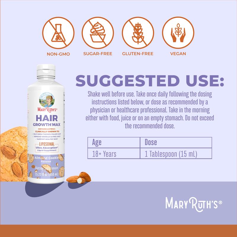 MaryRuth's Hair Growth Max Liposomal - Lustriva + Biotin 10000mcg + Pumpkin Seed Oil - Thicker Hair - Improves Wrinkles & Fine Lines - 15.22 Fl OzBrand: MaryRuth's
Ingredient Feature: GMO Free, Vegan, Sugar Free, Gluten Free, Dairy Free
Dietary Supplement Disclaimer: Yes
CA Prop 65: ReproChemicals: No
CA Prop 65: Carcinogens: No
Flavor: Almond Cookie
Health Benefits: Hair & Nail Care, Skin Care
Quantity Per Pack: 1
Pack Type: Single Item
Product Form: Liquid
Manufacturer: MaryRuth's
Age Warning: Yes
Ingredients: 15
Region of Origin: USAML Clinic  for Wellness