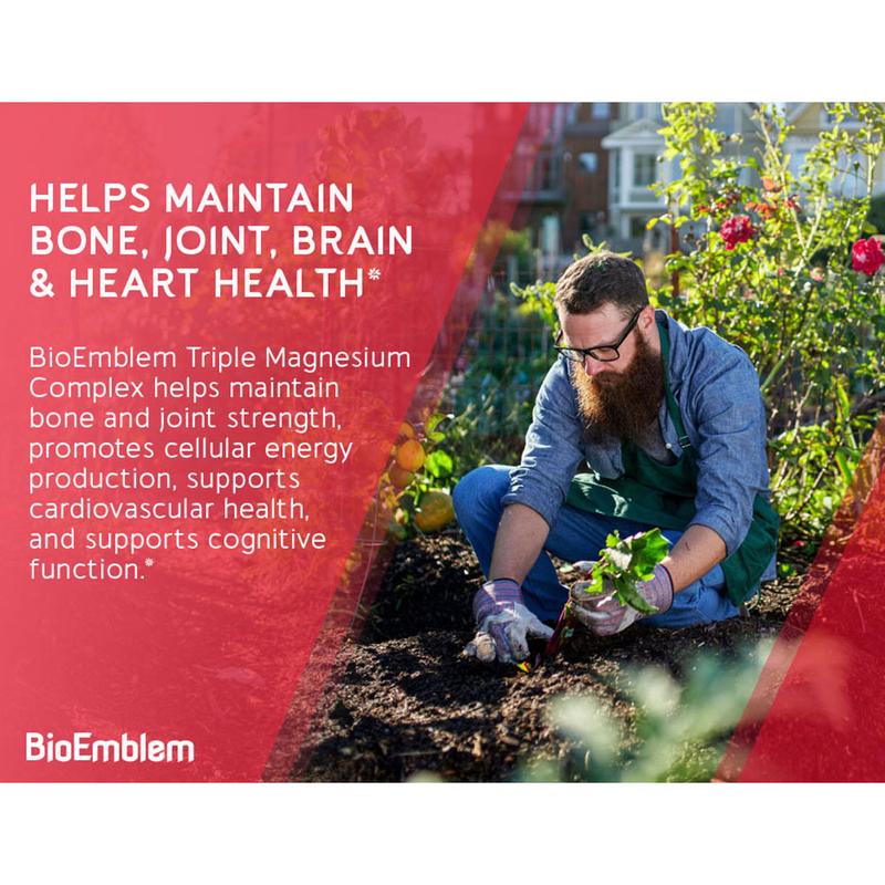 BioEmblem Triple Magnesium Complex| 300mg of Magnesium Glycinate, Malate, & Citrate for Muscles, Nerves, & EnergyBrand: BioEmblem
Ingredient Feature: Gluten Free, GMO Free, Vegan, Soy Free, Dairy Free
Dangerous Goods or Hazardous Materials: None
Dietary Supplement Disclaimer: Yes
CA Prop 65: ReproChemicals: No
CA Prop 65: Carcinogens: No
Age Group: Adults
Health Benefits: Bone Health, Immune, Brain Health
Recommended Age: 18 Years Old and Above
Net Weight: 100G
Allergen Information: No
Pack Type: Single Item
Shelf Life: 36 Months
Product Form: Capsules
Manufacturer: BioEmblem
Age Warning: Yes
Ingredients: Magnesium (as Magnesium Malate, Glycinate, Citrate)
 Other Ingredients: Vegetable Capsule (Plant Cellulose), Organic Rice Hull Extract
Region of Origin: USAML Clinic  for Wellness