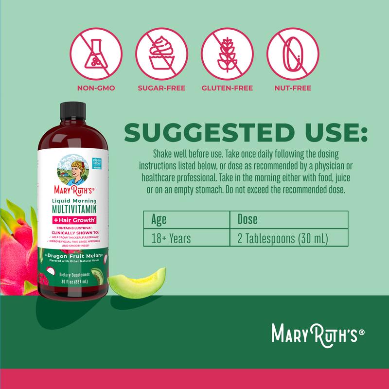 MaryRuth's Liquid Multivitamin + Hair Growth - Clinically Tested Lustriva for Thicker Hair in Women - Improves Facial Wrinkles - Vegan - 30 Fl OzBrand: MaryRuth's
Ingredient Feature: Sugar Free, Dairy Free, GMO Free, Vegan
Dangerous Goods or Hazardous Materials: None
Dietary Supplement Disclaimer: Yes
CA Prop 65: ReproChemicals: No
CA Prop 65: Carcinogens: No
Flavor: Dragon Fruit Melon
Age Group: Adults
Health Benefits: Hair & Nail Care
Quantity Per Pack: 1
Product Form: Liquid
Manufacturer: MaryRuth's
Age Warning: Yes
Ingredients: 15
Region of Origin: USAML Clinic  for Wellness