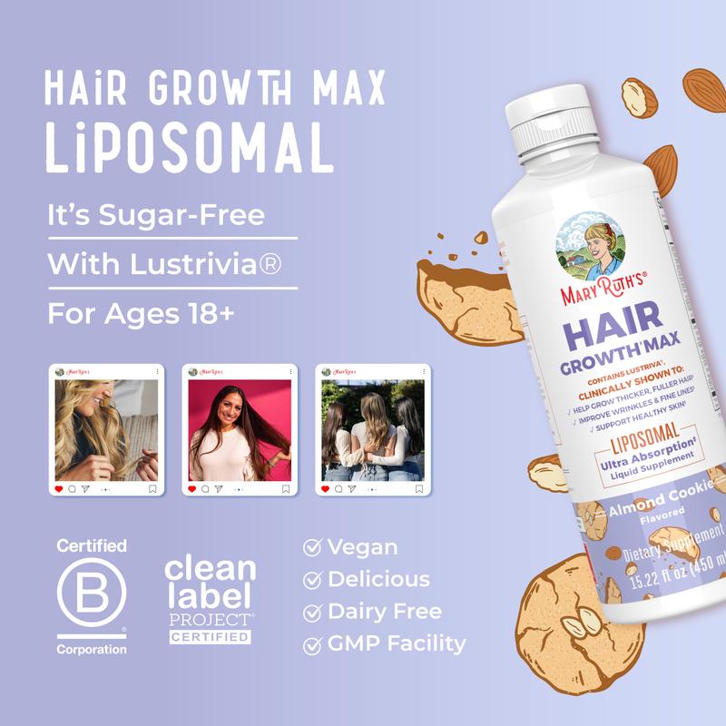 MaryRuth's Hair Growth Max Liposomal - Lustriva + Biotin 10000mcg + Pumpkin Seed Oil - Thicker Hair - Improves Wrinkles & Fine Lines - 15.22 Fl OzBrand: MaryRuth's
Ingredient Feature: GMO Free, Vegan, Sugar Free, Gluten Free, Dairy Free
Dietary Supplement Disclaimer: Yes
CA Prop 65: ReproChemicals: No
CA Prop 65: Carcinogens: No
Flavor: Almond Cookie
Health Benefits: Hair & Nail Care, Skin Care
Quantity Per Pack: 1
Pack Type: Single Item
Product Form: Liquid
Manufacturer: MaryRuth's
Age Warning: Yes
Ingredients: 15
Region of Origin: USAML Clinic  for Wellness