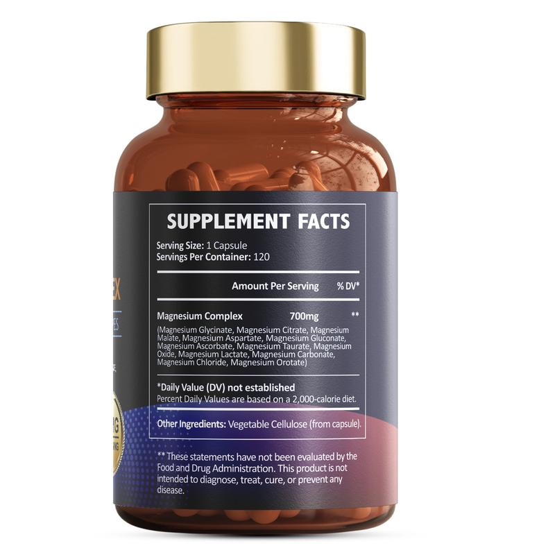 Totaria 12-in-1 Magnesium Complex 700mg - Supplement with Glycinate, Citrate, Malate, Oxide, Taurate, Aspartate, Orotate, Vegan Capsules for Muscle, Heart, and Relaxation SupportIngredient Feature: GMO Free 
 
 Dietary Supplement Disclaimer: Yes 
 
 FDA Registration No.: 19071519956 
 
 Age Group: Adults 
 
  Health Benefits: Bone Health, Brain Health, Energy, Heart Health 
 
 Recommended Age: 18+ 
 
 Quantity Per Pack: 1 
 
 Volume: 120 capsules 
 
 Net Weight: 200g 
 
 Pack Type: Single Item 
 
 Product Form: Capsules 
 
 Manufacturer: Totaria 
 
 Age Warning: Yes 
 
 Ingredients: Magnesium 
 
 Region of Origin: USAML Clinic  for Wellness