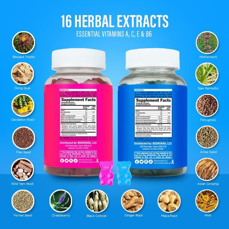 BEARVANA Gummies Combo Pack - Fitness Aid - Women's Support Supplement - Berry Flavored - Herbs & MultivitaminsBrand: BEARVANA 
 
 Ingredient Feature: Gluten Free, Vegan, Soy Free 
 
 Dietary Supplement Disclaimer: Yes 
 
 Flavor: Berry 
 
 Age Group: All Ages 
 
 Health Benefits: Multivitamin, Support 
 
 Quantity Per Pack: 1 
 
 Volume: 250 CC 
 
 Net Weight: 0.97 
 
 Pack Type: Multi-pack 
 
 Shelf Life: 18 Months 
 
 Product Form: Gummies 
 
 Manufacturer: BEARVANA 
 
 Age Warning: No 
 
 Ingredients: Essential Herbs 
 
 Region of Origin: USAML Clinic  for Wellness