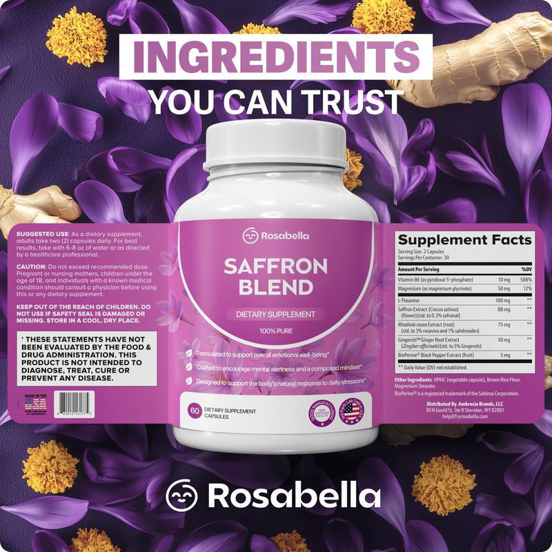 Rosabella Saffron Supplement [88mg] for Mental Clarity, Digestion, Positive Mood & Blue Light Eye Health - VeganDangerous Goods or Hazardous Materials: None
Primary Supplement Type: Herbs
Manufacturer: Rosabella
UPC:860012161775
Product Dimensions: 6x2x2
Product Ingredients: Saffron Extract
Quantity Per Pack: 1
Package Weight: 0.10
Unit Count: 1
Storage restrictions: None
Active Ingredient: Saffron Extract
Active Ingredient Strength: Saffron Extract (Crocus sativus) (flower)(stdto 0.3% safranal
Primary Dietary Ingredient amount per serving: 88 mg
Primary Dietary Ingredient: Saffron Extract
Flavor: none
Dangerous Goods Regulations: No
Contains Liquid Contents: None
Country of Origin: United States
Dietary Needs: Vegan
Ingredient Feature: No artificial flavor
Contains Allergen: Not Applicable
Temperature Sensitive: No
Age Range Description: Adults
Product Type: CapsulesML Clinic  for Wellness
