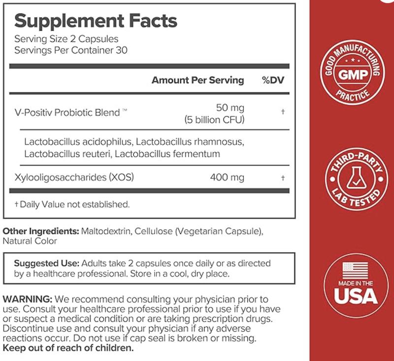 100 Women's Probiotics - 60 Count (Pack of 1) - Prebiotic and Probiotic Capsules for Healthy pH Balance and OdorDietary Supplement Disclaimer: Yes 
 
 Manufacturer: O Positiv, Inc 
 
 Age Warning: Yes 
 
 Ingredients: Lactobacillus acidophilus, Lactobacillus rhamnosus, Lactobacillus reuteri, Lactobacillus fermentum, Xylooligosaccharides (XOS), Maltodextrin, Cellulose (Vegetarian Capsule), Natural Color 
 
 Region of Origin: USAML Clinic  for Wellness