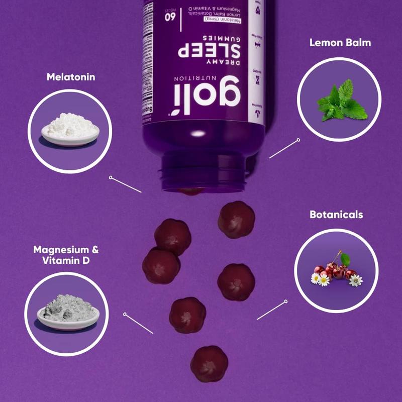 3-Pack Dreamy Sleep Gummies with Melatonin, Chamomile, Magnesium, Lemon Balm & Vitamin DHealth Benefits: Metabolism, Heart Health, Energy, Multivitamin, Immune
Quantity Per Pack: 60
Pack Type: Multi-pack
Shelf Life: 24 Months
Product Form: Chewable
Manufacturer: Goli Nutrition Inc
Age Warning: No
Ingredients: Artichoke Leaf Extract (Cynara Scolymus) 4:1, Spirulina, Bacillus Subtilis (OPTI-BIOME)® 40MB), aloe vera, kale, moringa leaves, broccoli, barley grass, chlorella, parsley, spinach, celeryOtherIngredients:VitaminA,Thiamine,NiacinVitaminB6,Folate(Folic)Acid)VitaminB12,PantothenicAcid,Iron,MagnesiumZinc,OrganiccaneSugar,OrganicTapiocaSyrup,waterPectin,NaturalFlavorMalicAcid,CitricAcid,SodiumCitrateDihydrate,Organicsunflowerlecithind-alphaTocopherylAcetate
Region of Origin: USAML Clinic  for Wellness