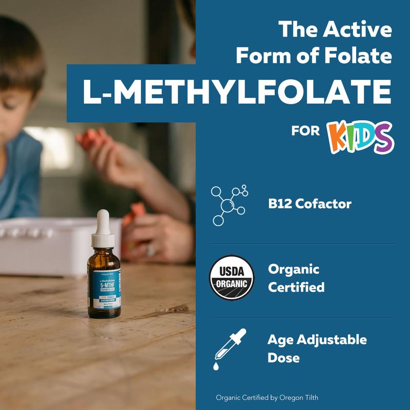 Triquetra Organic Kids Methylfolate + Methyl B12 Coenzyme - Organic Berry Flavor, Liquid Form 5-MTHF Form Adjustable Dosing; Supports Mood, Behavior, Cognition| Methy folate| 1-Methylfolate Healthcare FitnessML Clinic  for Wellness