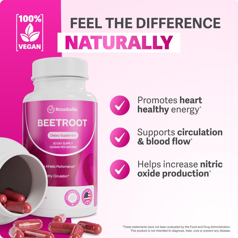 3 Packs of Rosabella Organic Beetroot Capsules (1300mg) for Blood Flow & Heart HealthDangerous Goods or Hazardous Materials: None 
 
 Manufacturer: Rosabella 
 
 UPC: 00860014131103 
 
 Product Dimensions: 8x2.5x2.5 
 
 Product Ingredients: Beetroot 
 
 Quantity Per Pack: 3 
 
 Package Weight: 0.30 lbs 
 
 Unit Count: 180 pieces 
 
 Storage restrictions: None 
 
 Active Ingredient: Beetroot 
 
 Active Ingredient Strength: 1300mg 
 
 Primary Dietary Ingredient amount per serving: 1300mg 
 
 Primary Dietary Ingredient: Beetroot 
 
 Flavor: None 
 
 Dangerous Goods Regulations: No 
 
 Contains Liquid Contents: None 
 
 Country of Origin: USA 
 
  Dietary Needs: Gluten-free, Vegetarian, Vegan 
 
 Ingredient Feature: Organic 
 
 Contains Allergen: Not Applicable 
 
 Temperature Sensitive: No 
 
 Age Range Description: Adults 
 
 Product Type: CapsulesML Clinic  for Wellness