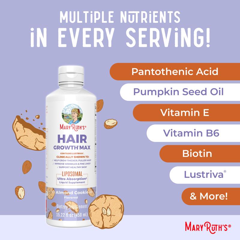MaryRuth's Hair Growth Max Liposomal - Lustriva + Biotin 10000mcg + Pumpkin Seed Oil - Thicker Hair - Improves Wrinkles & Fine Lines - 15.22 Fl OzBrand: MaryRuth's
Ingredient Feature: GMO Free, Vegan, Sugar Free, Gluten Free, Dairy Free
Dietary Supplement Disclaimer: Yes
CA Prop 65: ReproChemicals: No
CA Prop 65: Carcinogens: No
Flavor: Almond Cookie
Health Benefits: Hair & Nail Care, Skin Care
Quantity Per Pack: 1
Pack Type: Single Item
Product Form: Liquid
Manufacturer: MaryRuth's
Age Warning: Yes
Ingredients: 15
Region of Origin: USAML Clinic  for Wellness