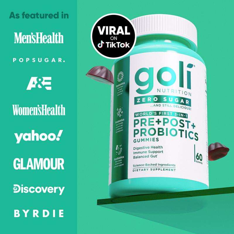 Goli Zero Sugar World's First 3-in-1 Pre, Post, Probiotic Gummies - Gluten Free, Vegan, Non-GMO, & Gelatin-FreeBrand: Goli 
 
 Ingredient Feature: Sugar Free, Lactose Free, Dairy Free, Gluten Free, GMO Free, Vegan 
 
 Health Benefits: Digestion 
 
 Manufacturer: Goli Nutrition 
 
 Age Warning: No 
 
 Ingredients: prebiotics 
 
 Region of Origin: USAML Clinic  for Wellness