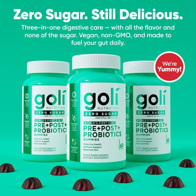 Goli Zero Sugar World's First 3-in-1 Pre, Post, Probiotic Gummies - Gluten Free, Vegan, Non-GMO, & Gelatin-FreeML Clinic  for Wellness