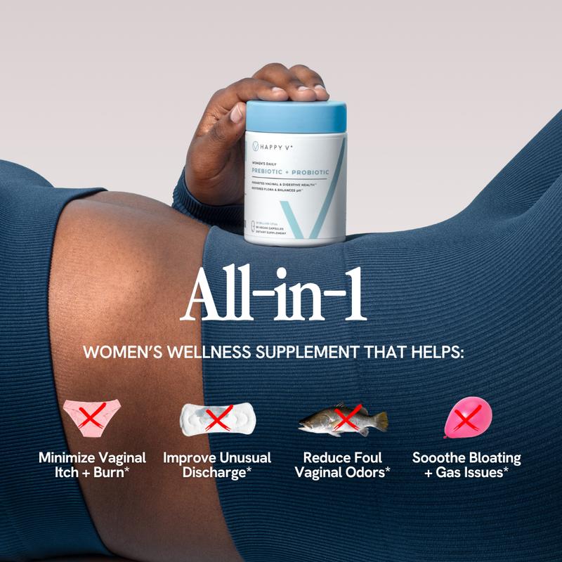 Happy V Vaginal Prebiotic + Probiotic for Women - Clinically Proven pH Balance & BV Treatment, Natural Yeast Infection Support, 60 Vegan CapsulesBrand: Happy V 
 
 Ingredient Feature: GMO Free, Vegan, Soy Free, Sugar Free, Lactose Free, Dairy Free, Gluten Free, Organic 
 
  Dietary Needs: Vegan, Gluten-free, Vegetarian, Halal 
 
 Dangerous Goods or Hazardous Materials: None 
 
 Dietary Supplement Disclaimer: Yes 
 
 Flavor: Mint 
 
  Health Benefits: Gut Health, Bloating, Digestion, Unbloat, Gas, Food Intolerance, IBS, Severe Bloat Relief, Nutrient Absorption 
 
 Net Weight: 85g 
 
 Allergen Information: Major Allergen Free 
 
 Pack Type: Single Item 
 
 Shelf Life: 24 Months 
 
 Product Form: Capsules 
 
 Manufacturer: Happy V 
 
 Age Warning: No 
 
 Ingredients: PreforPro (LH01,T4D,LL12) - Myoviridae, LL5 - Siphoviridae), Bacillus subtilis (as) DE111), Lactobacillus reuteri (as) HR7), Lactobacillus gasseri (as) HLG13), Lactobacillus crispatus (as) CCFM1110), Lactobacillus rhamnosus (as) HN001), Bifidobacterium lactis (HN019), Lactobacillus acidophilus (as) LA-14), Biotin 
 
 Region of Origin: USAML Clinic  for Wellness