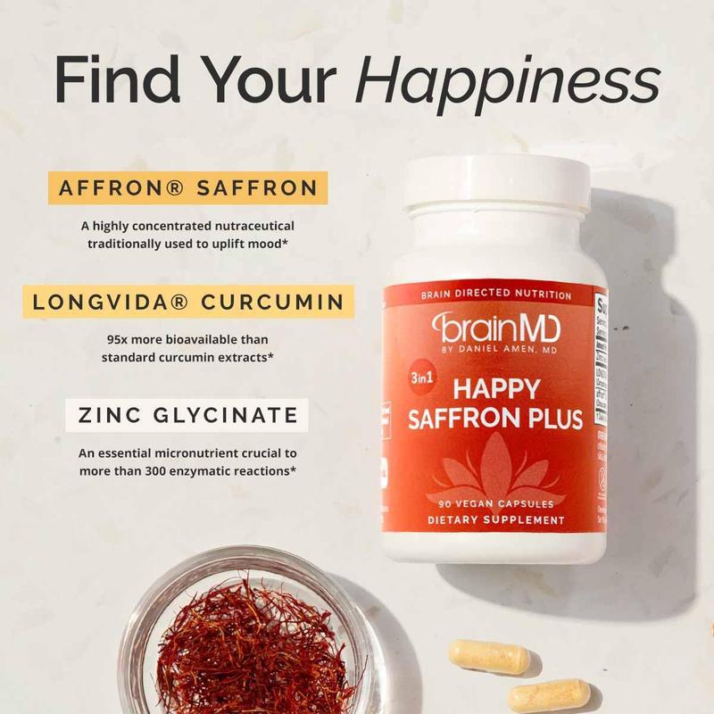 BrainMD - Happy Saffron Plus|#1 formula for a healthier, happier you - Free from gluten, dairy, and eggsBrand: BrainMD 
 
 Ingredient Feature: Sugar Free, Dairy Free, Gluten Free 
 
 Dietary Supplement Disclaimer: Yes 
 
 Health Benefits: Happier Mood 
 
 Manufacturer: BrainMD 
 
 Age Warning: No 
 
 Ingredients: Neurovite Plus Multivitamin 
 
 Region of Origin: USAML Clinic  for Wellness