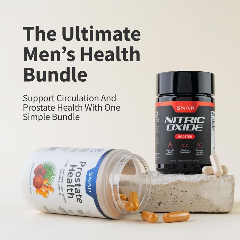 Ultimate Men's Health Bundle - Snap Supplements - Nitric Oxide Booster 60ct + Prostate Health Bundle - Natural Supplement Capsules - Support Blood Circulation & Prostate HealthBrand: Snap Supplements
Ingredient Feature: GMO Free, Vegan, Sugar Free, Soy Free, Gluten Free
 Dietary Needs: Vegan, Gluten-free, Vegetarian
Dangerous Goods or Hazardous Materials: None
Dietary Supplement Disclaimer: Yes
 Health Benefits: Prostate Support, Blood Pressure Control, Brain Health, Energy, Heart Health, Detoxing, Immune
Manufacturer: Snap Supplements
Age Warning: Yes
Ingredients: L-Citrulline, L-Arginine, Saw Palmetto
Region of Origin: USAML Clinic  for Wellness