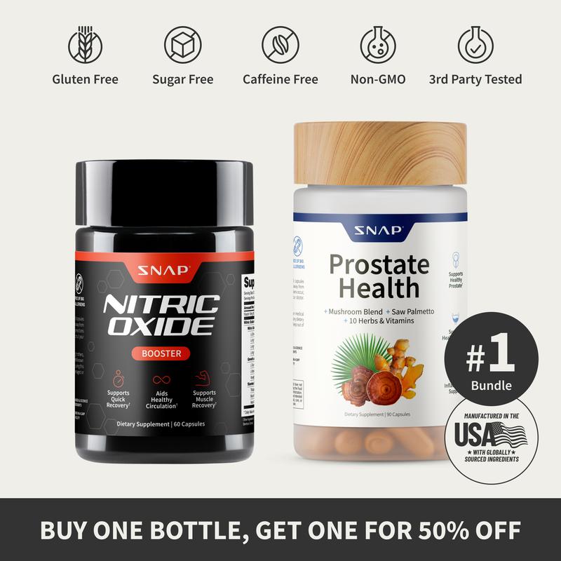 Ultimate Men's Health Bundle - Snap Supplements - Nitric Oxide Booster 60ct + Prostate Health Bundle - Natural Supplement Capsules - Support Blood Circulation & Prostate HealthBrand: Snap Supplements
Ingredient Feature: GMO Free, Vegan, Sugar Free, Soy Free, Gluten Free
 Dietary Needs: Vegan, Gluten-free, Vegetarian
Dangerous Goods or Hazardous Materials: None
Dietary Supplement Disclaimer: Yes
 Health Benefits: Prostate Support, Blood Pressure Control, Brain Health, Energy, Heart Health, Detoxing, Immune
Manufacturer: Snap Supplements
Age Warning: Yes
Ingredients: L-Citrulline, L-Arginine, Saw Palmetto
Region of Origin: USAML Clinic  for Wellness