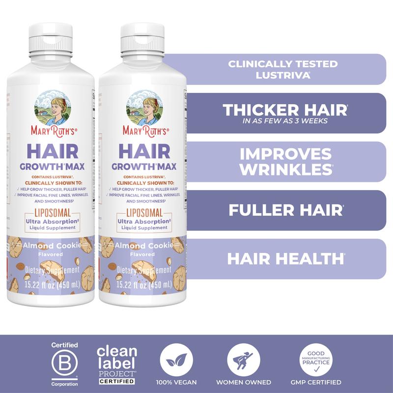 MaryRuth's Hair Growth Max Liposomal - Lustriva + Biotin 10000mcg + Pumpkin Seed Oil - Thicker Hair - Improves Wrinkles & Fine Lines - 15.22 Fl OzBrand: MaryRuth's
Ingredient Feature: GMO Free, Vegan, Sugar Free, Gluten Free, Dairy Free
Dietary Supplement Disclaimer: Yes
CA Prop 65: ReproChemicals: No
CA Prop 65: Carcinogens: No
Flavor: Almond Cookie
Health Benefits: Hair & Nail Care, Skin Care
Quantity Per Pack: 1
Pack Type: Single Item
Product Form: Liquid
Manufacturer: MaryRuth's
Age Warning: Yes
Ingredients: 15
Region of Origin: USAML Clinic  for Wellness