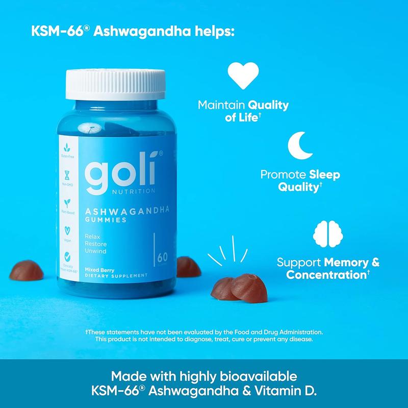 Goli Ashwagandha & Vitamin D Gummy - Mixed Berry, KSM-66, Vegan, Plant-Based, Non-GMO, Gluten-Free & Gelatin-FreeAmerica's#1 Ashwagandha BrandBrand: Goli 
 
 Ingredients: Goli Nutrition Ashwagandha Gummies Relax, Restore and Unwind, Mixed Berry Flavor, Vegan, Plant-Based, Non-GMO, Gluten-Free and Gelatin-Free 
 
 Region of Origin: USA 
 
 Age Warning: No 
 
 Manufacturer: Goli Nutrition IncML Clinic  for Wellness