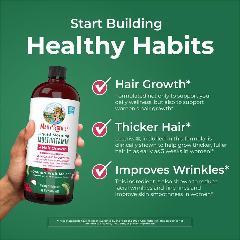 MaryRuth's Liquid Multivitamin + Hair Growth - Clinically Tested Lustriva for Thicker Hair in Women - Improves Facial Wrinkles - Vegan - 30 Fl OzBrand: MaryRuth's
Ingredient Feature: Sugar Free, Dairy Free, GMO Free, Vegan
Dangerous Goods or Hazardous Materials: None
Dietary Supplement Disclaimer: Yes
CA Prop 65: ReproChemicals: No
CA Prop 65: Carcinogens: No
Flavor: Dragon Fruit Melon
Age Group: Adults
Health Benefits: Hair & Nail Care
Quantity Per Pack: 1
Product Form: Liquid
Manufacturer: MaryRuth's
Age Warning: Yes
Ingredients: 15
Region of Origin: USAML Clinic  for Wellness