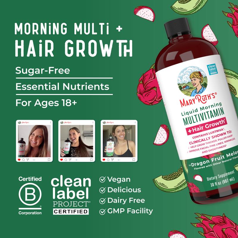 MaryRuth's Liquid Multivitamin + Hair Growth - Clinically Tested Lustriva for Thicker Hair in Women - Improves Facial Wrinkles - Vegan - 30 Fl OzBrand: MaryRuth's
Ingredient Feature: Sugar Free, Dairy Free, GMO Free, Vegan
Dangerous Goods or Hazardous Materials: None
Dietary Supplement Disclaimer: Yes
CA Prop 65: ReproChemicals: No
CA Prop 65: Carcinogens: No
Flavor: Dragon Fruit Melon
Age Group: Adults
Health Benefits: Hair & Nail Care
Quantity Per Pack: 1
Product Form: Liquid
Manufacturer: MaryRuth's
Age Warning: Yes
Ingredients: 15
Region of Origin: USAML Clinic  for Wellness