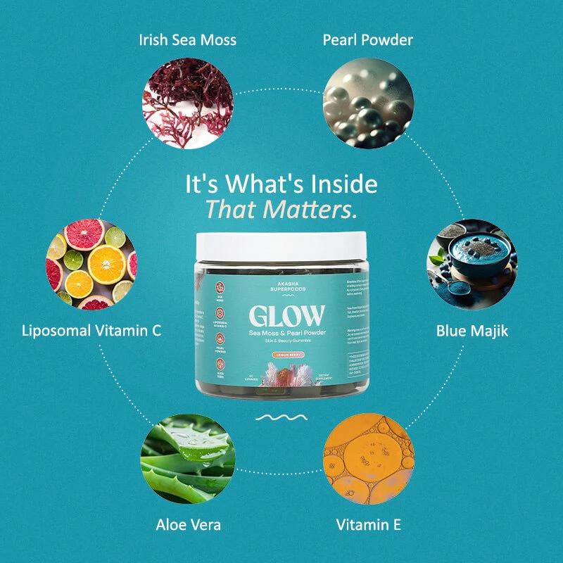 Sea Moss & Pearl Powder Glow Gummies - Supplement for Collagen & Skin - EdibleBrand: Akasha Superfoods 
 
 Ingredient Feature: Gluten Free, GMO Free, Soy Free, Dairy Free 
 
 Dangerous Goods or Hazardous Materials: None 
 
 Dietary Supplement Disclaimer: Yes 
 
 Quantity Per Pack: 60 
 
 Net Weight: 4oz 
 
 Shelf Life: 18 Months 
 
 Manufacturer: Akasha Superfoods 
 
 Age Warning: Yes 
 
 Ingredients: Organic Irish Sea Moss 
 
 Region of Origin: USAML Clinic  for Wellness