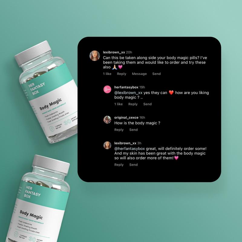 Body Magic Chlorophyll Pill - For Body Odor, Detox & SkinDangerous Goods or Hazardous Materials: None
Dietary Supplement Disclaimer: Yes
Manufacturer: Her Fantasy Box
Age Warning: Yes
Ingredients: Organic Peppermint Leaf, Sodium Copper Chlorophyllin, Organic Parsley Leaf
Region of Origin: USAML Clinic  for Wellness