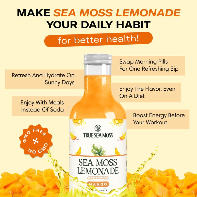 Sea Moss Lemonade Pack of 4 - Lemon, Mango, Berry, Pina Colada - Sea Moss Helps with Immune Support, Thyroid Support & Digestion SupportBrand: True Sea Moss
Ingredient Feature: Organic, Gluten Free, GMO Free, Vegan, Natural, Alcohol Free, Vitamin C, Vitamin E, Caffeine Free, Low Fat, Low Sugar
 Dietary Needs: Vegan, Gluten-free, Vegetarian
Dangerous Goods or Hazardous Materials: None
Age Group: All Ages
 Health Benefits: Immune, Detoxing, Energy, Multivitamin, Blood Pressure Control
Quantity Per Pack: 4
Volume: 12 oz
Pack Type: Multi-pack
Shelf Life: 12 Months
Product Form: Liquid
Manufacturer: TrueSeaMoss
Age Warning: No
Ingredients: Purified Water; Lemon Puree; Dried Sea Moss; Monk Fruit Juice Concentrate; Ascorbic Acid
Region of Origin: USAML Clinic  for Wellness