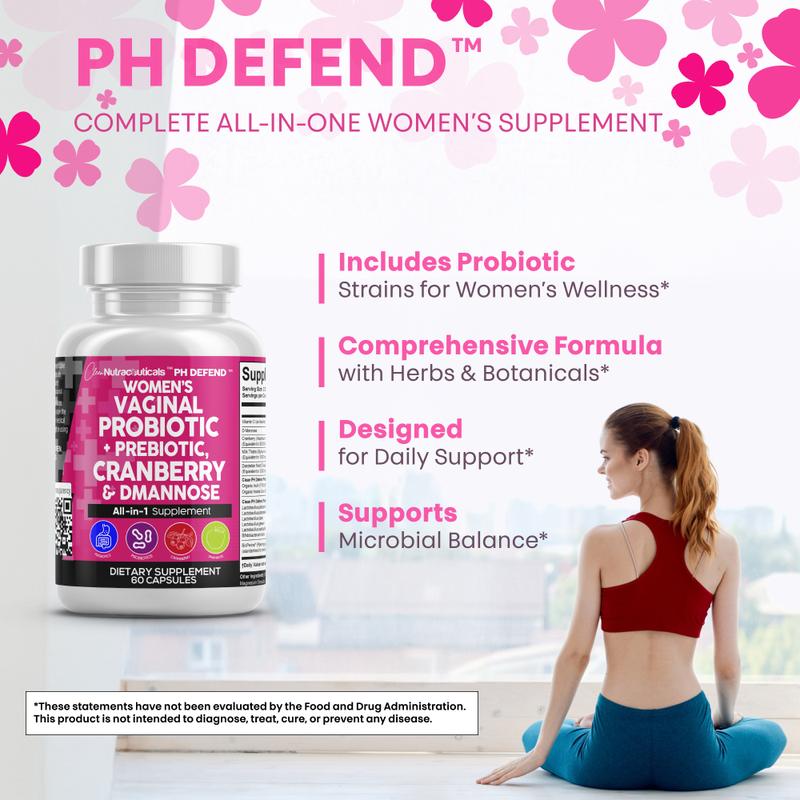 Clean Nutra PH Defend Probiotics for Women Balance with Prebiotics Cranberry Dmannose - Healthy Odor and Tract Support Made in USA Pills SupplementBrand: Clean Nutra
Ingredient Feature: Dairy Free, Soy Free, Sugar Free, Lactose Free
Dangerous Goods or Hazardous Materials: None
Dietary Supplement Disclaimer: Yes
Health Benefits: Multivitamin, Energy
Shelf Life: 24 Months
Product Form: Capsules
Manufacturer: Clean Nutraceuticals
Age Warning: Yes
Ingredients: Digestive Enzymes, Prebiotics, D-Mannose, Cranberry, Women's Probiotic
Region of Origin: USAML Clinic  for Wellness