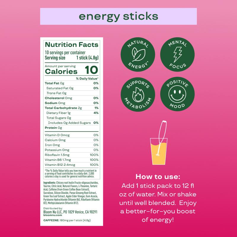 Bloom Nutrition Energy Sticks (10 Sticks) – Focus & Metabolism Support – Natural Caffeine & B VitaminsBrand: Bloom Nutrition
Ingredient Feature: No Aspartame, No Artificial Colors, Zero Sugar, Vegan, Gluten Free
Dangerous Goods or Hazardous Materials: None
Quantity Per Pack: 10
Volume: 10
Allergen Information: Gluten Free
Product Form: Powder
Manufacturer: Bloom Nutrition
Age Warning: No
Ingredients: Energy Blend
Region of Origin: USAML Clinic  for Wellness