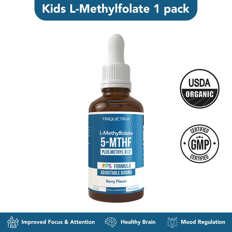 Triquetra Organic Kids Methylfolate + Methyl B12 Coenzyme - Organic Berry Flavor, Liquid Form 5-MTHF Form Adjustable Dosing; Supports Mood, Behavior, Cognition| Methy folate| 1-Methylfolate Healthcare FitnessML Clinic  for Wellness