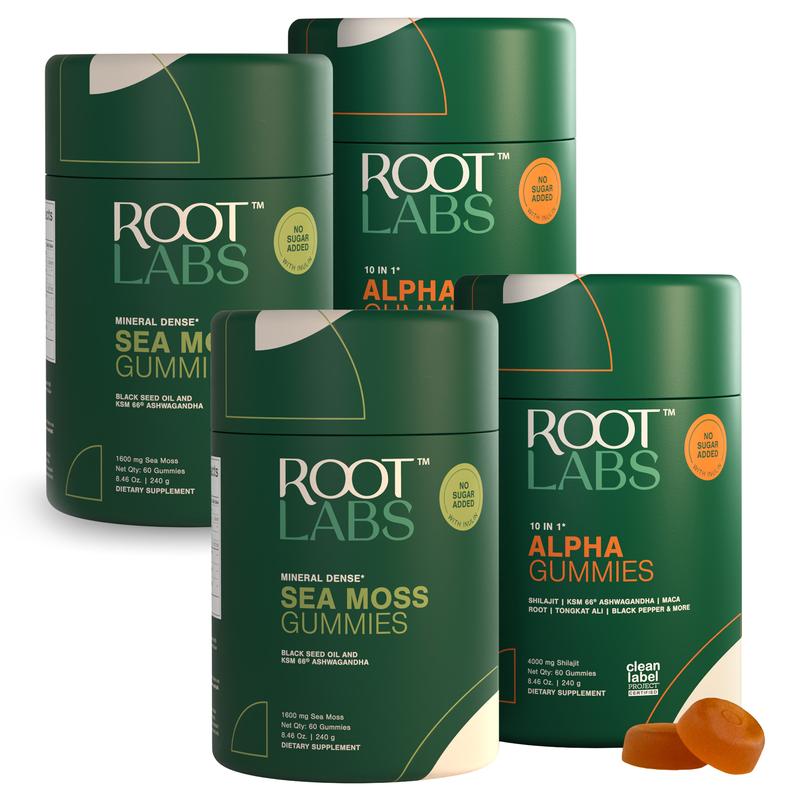 Root Labs 10-1 Alpha & Seamoss Combo| 100% Himalayan Shilajit Gummies| Sea Moss| KSM-66 Ashwagandha| Maca Root| Black Seed Oil| No Added Sugar| 60+60 Individually Wrapped SupplementsIngredient Feature: Lactose Free, Soy Free, Dairy Free, Gluten Free, GMO Free, Vegan
Dietary Supplement Disclaimer: Yes
Flavor: Tamarind + Mixed Berry
Age Group: All Ages
Recommended Age: 18+
Net Weight: 480g
Allergen Information: No common allergens
Pack Type: Multi-pack
Shelf Life: 18 Months
Product Form: Chewable
Manufacturer: Spectrum Lifesciences
Age Warning: Yes
Ingredients: Alpha + Seamoss
Region of Origin: IndiaML Clinic  for Wellness