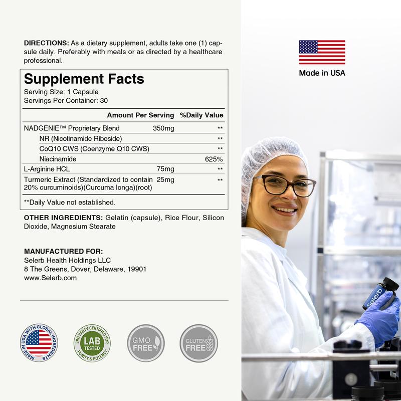 Selrnb Nad+ Supplement for Men - Cellular Energy, Antioxidant, Metabolism & Skin Aging Support - With Nicotinamide Riboside, L-Arginine, CoQ10 & Turmeric Extract, - 30 Capsules, GOMO FREEBrand: Selerb 
 
 Ingredient Feature: GMO Free 
 
 Dietary Supplement Disclaimer: Yes 
 
 Age Group: Adults 
 
  Health Benefits: Metabolism, Brain Health, Multivitamin, Energy, Heart Health, Immune 
 
 Shelf Life: 24 Months 
 
 Product Form: Capsules 
 
 Manufacturer: Selerb Health Holdings LLC 
 
 Age Warning: Yes 
 
 Ingredients: Turmeric Extract, L-Arginine HCL, Niacinamide, CoQ10 CWS, Nicotinamide Riboside 
 
 Region of Origin: USAML Clinic  for Wellness