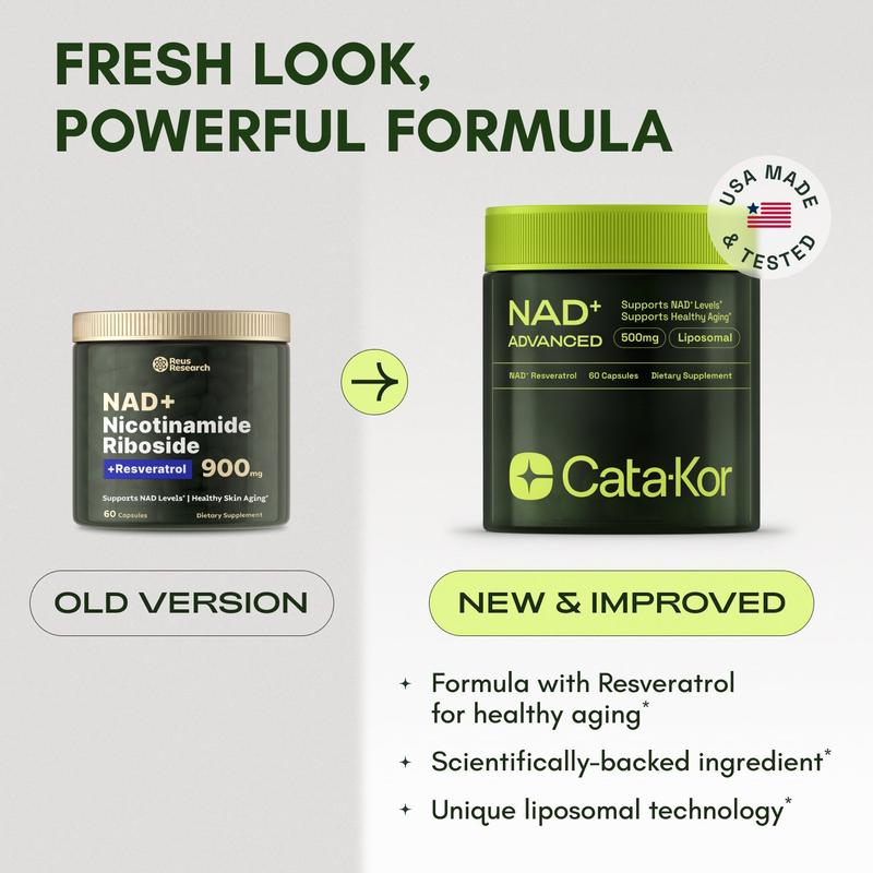 Cata-Kor NAD+ Advanced - NAD+ Supplement for Skin Aging Support, Energy, and Focus - 500mg per Serving - 60 Count (30 Day Supply) - Previously known as Reus Research NR 900ML Clinic  for Wellness