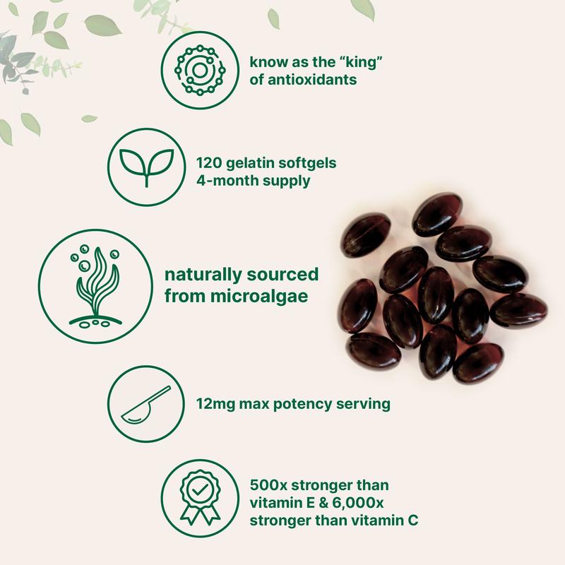 Micro Ingredients Astaxanthin 12mg, 120 softgels, tanning pills, Strength Carotenoids Skin Supplement with 100% Natural Astaxanthin from MicroAlgaeBrand: Micro Ingredients 
 
 Ingredient Feature: Gluten Free, GMO Free 
 
 Dangerous Goods or Hazardous Materials: None 
 
 Dietary Supplement Disclaimer: Yes 
 
  Health Benefits: Eye Health, Joint Health, Internal Circulation 
 
 Quantity Per Pack: 1 
 
 Net Weight: 1.76 Ounce 
 
 Pack Type: Single Item 
 
 Shelf Life: 720 Days 
 
 Product Form: Softgel 
 
 Manufacturer: Micro Ingredients 
 
 Age Warning: No 
 
 Ingredients: Astaxanthin 
 
 Region of Origin: USAML Clinic  for Wellness