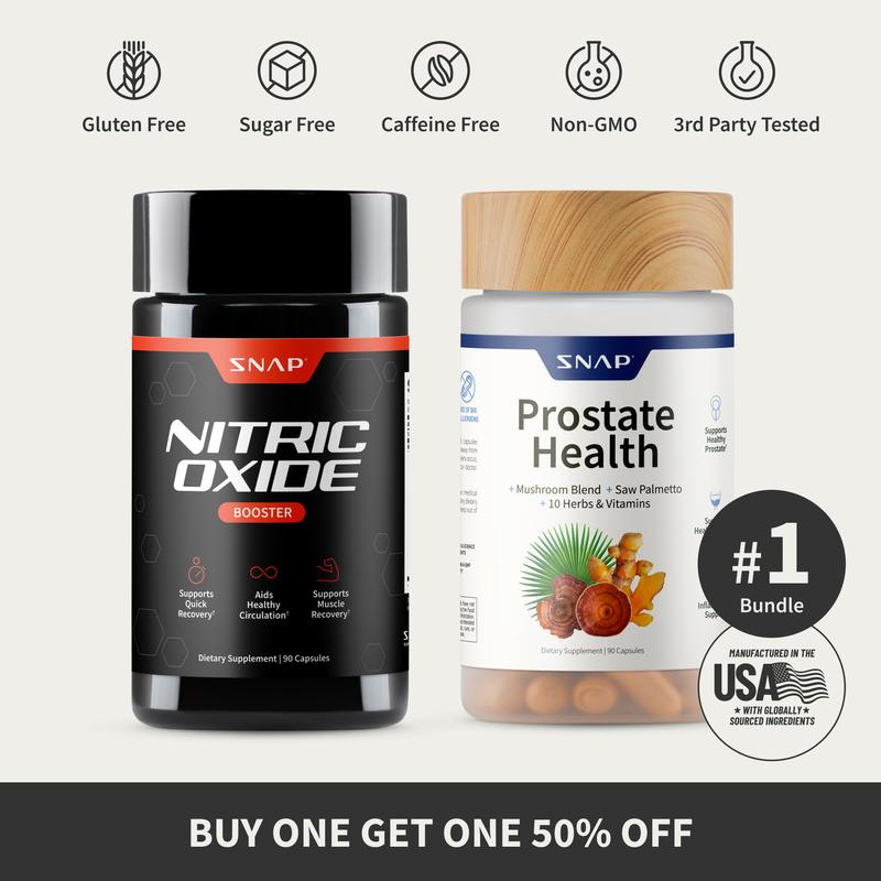 Snap Supplements - Nitric Oxide Booster 90CT + Prostate Health Bundle - Natural Supplement Capsules - Support Blood Circulation & Prostate HealthBrand: Snap Supplements 
 
 Ingredient Feature: Gluten Free, GMO Free, Vegan, Sugar Free, Soy Free 
 
 Dietary Supplement Disclaimer: Yes 
 
 Age Group: Adults 
 
  Health Benefits: Prostate Support, Blood Pressure Control, Brain Health, Detoxing, Heart Health, Immune, Energy 
 
 Recommended Age: 18+ 
 
 Pack Type: Multi-pack 
 
 Shelf Life: 18 Months 
 
 Product Form: Capsules 
 
 Manufacturer: Snap Supplements 
 
 Age Warning: Yes 
 
 Ingredients: Zinc, Magnesium, Copper, Turmeric, Mushroom Powder, L-Arginine, L-Citrulline, Tribulus Terestris, Asian Ginseng, Muira Puama Bark, Saw Palmetto 
 
 Region of Origin: USAML Clinic  for Wellness
