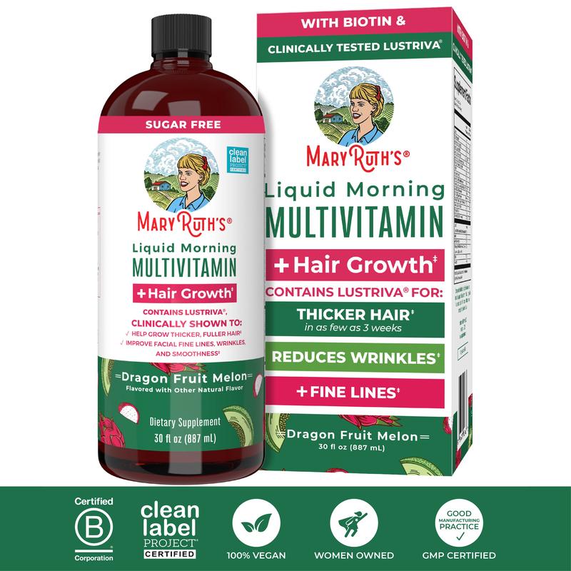 MaryRuth's Liquid Multivitamin + Hair Growth - Clinically Tested Lustriva for Thicker Hair in Women - Improves Facial Wrinkles - Vegan - 30 Fl OzBrand: MaryRuth's
Ingredient Feature: Sugar Free, Dairy Free, GMO Free, Vegan
Dangerous Goods or Hazardous Materials: None
Dietary Supplement Disclaimer: Yes
CA Prop 65: ReproChemicals: No
CA Prop 65: Carcinogens: No
Flavor: Dragon Fruit Melon
Age Group: Adults
Health Benefits: Hair & Nail Care
Quantity Per Pack: 1
Product Form: Liquid
Manufacturer: MaryRuth's
Age Warning: Yes
Ingredients: 15
Region of Origin: USAML Clinic  for Wellness