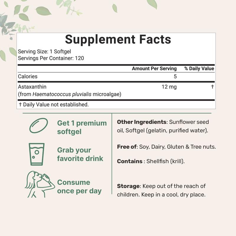 Micro Ingredients Astaxanthin 12mg, 120 softgels, tanning pills, Strength Carotenoids Skin Supplement with 100% Natural Astaxanthin from MicroAlgaeBrand: Micro Ingredients 
 
 Ingredient Feature: Gluten Free, GMO Free 
 
 Dangerous Goods or Hazardous Materials: None 
 
 Dietary Supplement Disclaimer: Yes 
 
  Health Benefits: Eye Health, Joint Health, Internal Circulation 
 
 Quantity Per Pack: 1 
 
 Net Weight: 1.76 Ounce 
 
 Pack Type: Single Item 
 
 Shelf Life: 720 Days 
 
 Product Form: Softgel 
 
 Manufacturer: Micro Ingredients 
 
 Age Warning: No 
 
 Ingredients: Astaxanthin 
 
 Region of Origin: USAML Clinic  for Wellness
