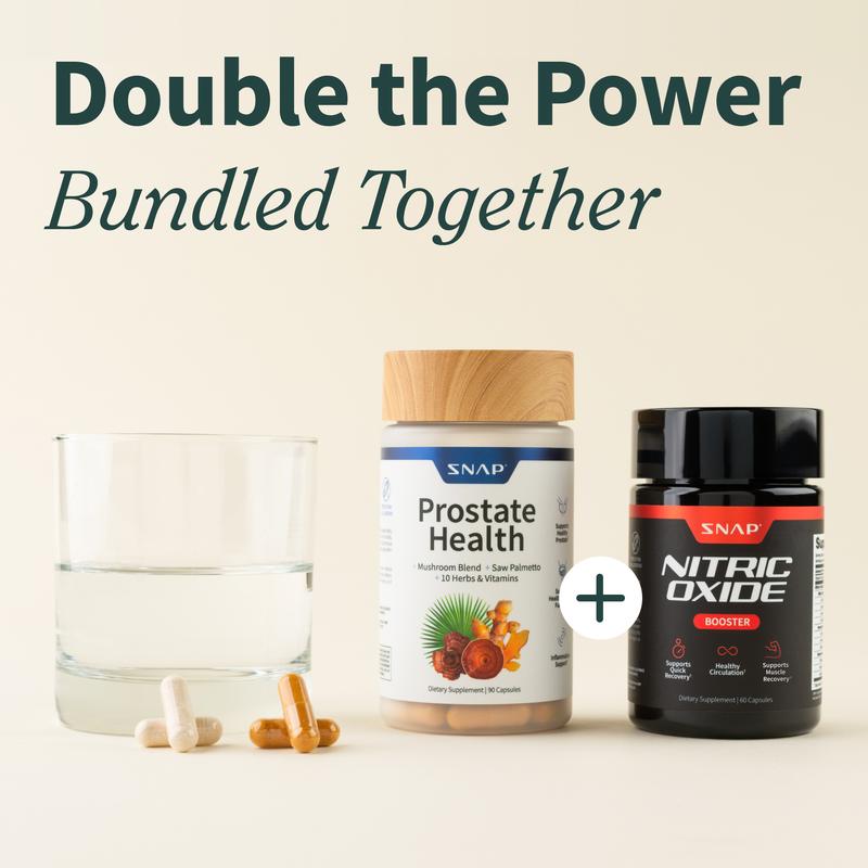 Snap Supplements - Nitric Oxide Booster 90CT + Prostate Health Bundle - Natural Supplement Capsules - Support Blood Circulation & Prostate HealthBrand: Snap Supplements 
 
 Ingredient Feature: Gluten Free, GMO Free, Vegan, Sugar Free, Soy Free 
 
 Dietary Supplement Disclaimer: Yes 
 
 Age Group: Adults 
 
  Health Benefits: Prostate Support, Blood Pressure Control, Brain Health, Detoxing, Heart Health, Immune, Energy 
 
 Recommended Age: 18+ 
 
 Pack Type: Multi-pack 
 
 Shelf Life: 18 Months 
 
 Product Form: Capsules 
 
 Manufacturer: Snap Supplements 
 
 Age Warning: Yes 
 
 Ingredients: Zinc, Magnesium, Copper, Turmeric, Mushroom Powder, L-Arginine, L-Citrulline, Tribulus Terestris, Asian Ginseng, Muira Puama Bark, Saw Palmetto 
 
 Region of Origin: USAML Clinic  for Wellness