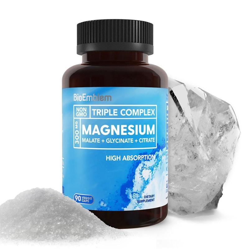 BioEmblem Triple Magnesium Complex| 300mg of Magnesium Glycinate, Malate, & Citrate for Muscles, Nerves, & EnergyBrand: BioEmblem
Ingredient Feature: Gluten Free, GMO Free, Vegan, Soy Free, Dairy Free
Dangerous Goods or Hazardous Materials: None
Dietary Supplement Disclaimer: Yes
CA Prop 65: ReproChemicals: No
CA Prop 65: Carcinogens: No
Age Group: Adults
Health Benefits: Bone Health, Immune, Brain Health
Recommended Age: 18 Years Old and Above
Net Weight: 100G
Allergen Information: No
Pack Type: Single Item
Shelf Life: 36 Months
Product Form: Capsules
Manufacturer: BioEmblem
Age Warning: Yes
Ingredients: Magnesium (as Magnesium Malate, Glycinate, Citrate)
 Other Ingredients: Vegetable Capsule (Plant Cellulose), Organic Rice Hull Extract
Region of Origin: USAML Clinic  for Wellness
