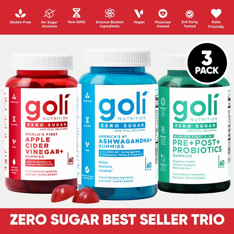 Zero Sugar Best Seller Trio - World's First 3-in-1 Pre, Post, Probiotic, Apple Cider Vinegar with Vitamin B12 and Probiotics To Address Bloating, Ashwagandha & L-Theanine, Vitamin D gummiesGluten-Free, Vegan, Non-GMO & Gelatin-FreeBrand: Goli
Pack Type: Single Item
Shelf Life: 24 Months
Dietary Supplement Disclaimer: Yes
Manufacturer: Goli Nutrition
Age Warning: No
Ingredients: Ashwagandha
Region of Origin: USAML Clinic  for Wellness