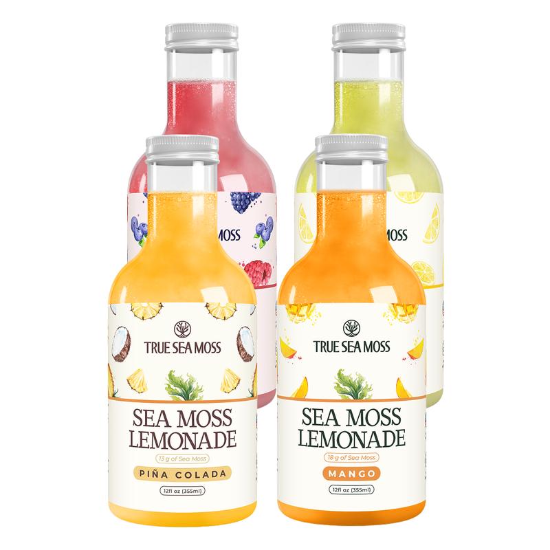 Sea Moss Lemonade Pack of 4 - Lemon, Mango, Berry, Pina Colada - Sea Moss Helps with Immune Support, Thyroid Support & Digestion SupportBrand: True Sea Moss
Ingredient Feature: Organic, Gluten Free, GMO Free, Vegan, Natural, Alcohol Free, Vitamin C, Vitamin E, Caffeine Free, Low Fat, Low Sugar
 Dietary Needs: Vegan, Gluten-free, Vegetarian
Dangerous Goods or Hazardous Materials: None
Age Group: All Ages
 Health Benefits: Immune, Detoxing, Energy, Multivitamin, Blood Pressure Control
Quantity Per Pack: 4
Volume: 12 oz
Pack Type: Multi-pack
Shelf Life: 12 Months
Product Form: Liquid
Manufacturer: TrueSeaMoss
Age Warning: No
Ingredients: Purified Water; Lemon Puree; Dried Sea Moss; Monk Fruit Juice Concentrate; Ascorbic Acid
Region of Origin: USAML Clinic  for Wellness