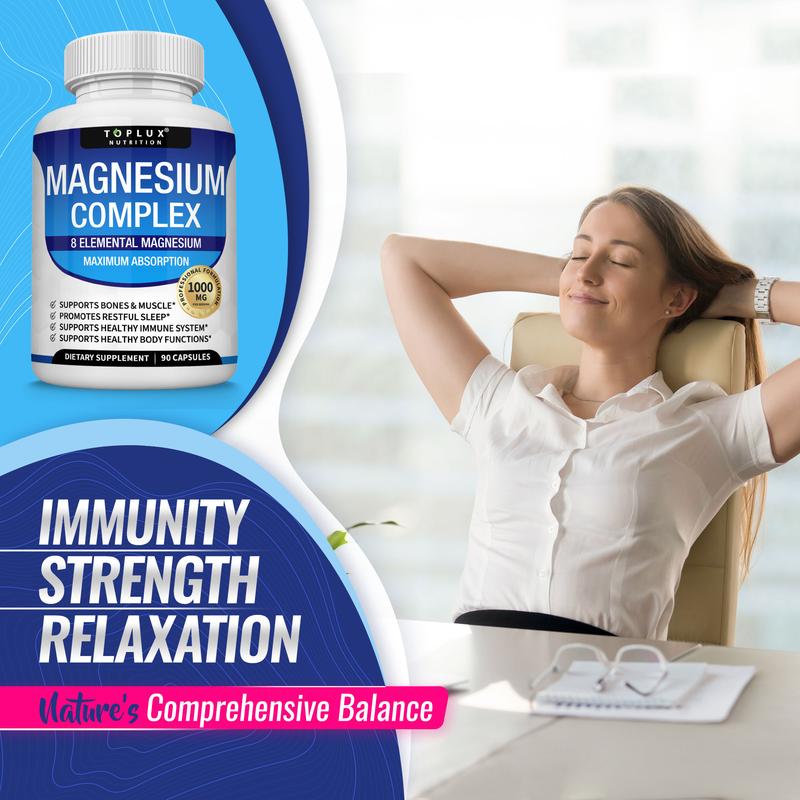 Magnesium Complex 8 Essential Magnesium Supplement Fitness EdibleIngredient Feature: Vegan, GMO Free 
 
 Dangerous Goods or Hazardous Materials: None 
 
 Dietary Supplement Disclaimer: Yes 
 
 Health Benefits: Sleep, Bone Health 
 
 Manufacturer: Toplux 
 
 Age Warning: Yes 
 
 Ingredients: Magnesium 
 
 Region of Origin: USAML Clinic  for Wellness