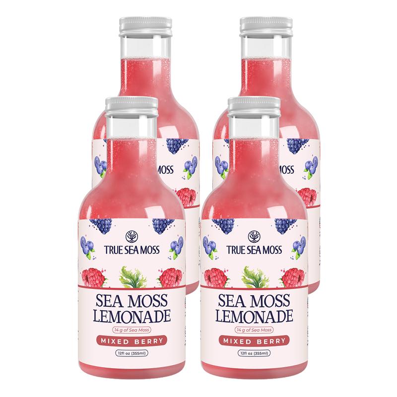 Sea Moss Lemonade Pack of 4 - Lemon, Mango, Berry, Pina Colada - Sea Moss Helps with Immune Support, Thyroid Support & Digestion SupportBrand: True Sea Moss
Ingredient Feature: Organic, Gluten Free, GMO Free, Vegan, Natural, Alcohol Free, Vitamin C, Vitamin E, Caffeine Free, Low Fat, Low Sugar
 Dietary Needs: Vegan, Gluten-free, Vegetarian
Dangerous Goods or Hazardous Materials: None
Age Group: All Ages
 Health Benefits: Immune, Detoxing, Energy, Multivitamin, Blood Pressure Control
Quantity Per Pack: 4
Volume: 12 oz
Pack Type: Multi-pack
Shelf Life: 12 Months
Product Form: Liquid
Manufacturer: TrueSeaMoss
Age Warning: No
Ingredients: Purified Water; Lemon Puree; Dried Sea Moss; Monk Fruit Juice Concentrate; Ascorbic Acid
Region of Origin: USAML Clinic  for Wellness